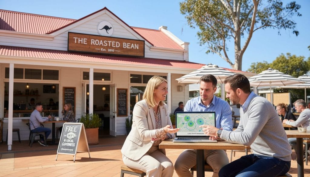 A vibrant scene depicting local SEO in an Australian context. In the foreground, a diverse group of professionals—two men and one woman—are engaged in a collaborative discussion around a laptop displaying a map highlighting local service areas. The woman wears business casual attire, and the men are in smart casual clothing. In the middle ground, a detailed view of a cheerful small business storefront showcases a coffee shop with outdoor seating, adorned with local business signage. The background features iconic Australian elements like a eucalyptus tree and a clear blue sky. Soft, natural lighting creates an inviting atmosphere, emphasizing teamwork and community involvement, suggesting the importance of local connections in SEO strategies.