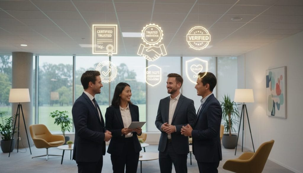A visually compelling image illustrating trust signals for NDIS service providers. In the foreground, feature a diverse group of professional individuals in business attire, engaging in a friendly conversation, symbolizing trust and credibility. In the middle, display elements like a trust certificate, glowing badges, and a handshake icon, signifying safety and reliability. The background should show a modern, welcoming office environment, with soft lighting that creates a warm, inviting atmosphere. Use a wide-angle lens to capture the interactions between the individuals and the trust symbols, emphasizing a sense of community and support. The overall mood should be optimistic and reassuring, inspiring confidence in the viewer.