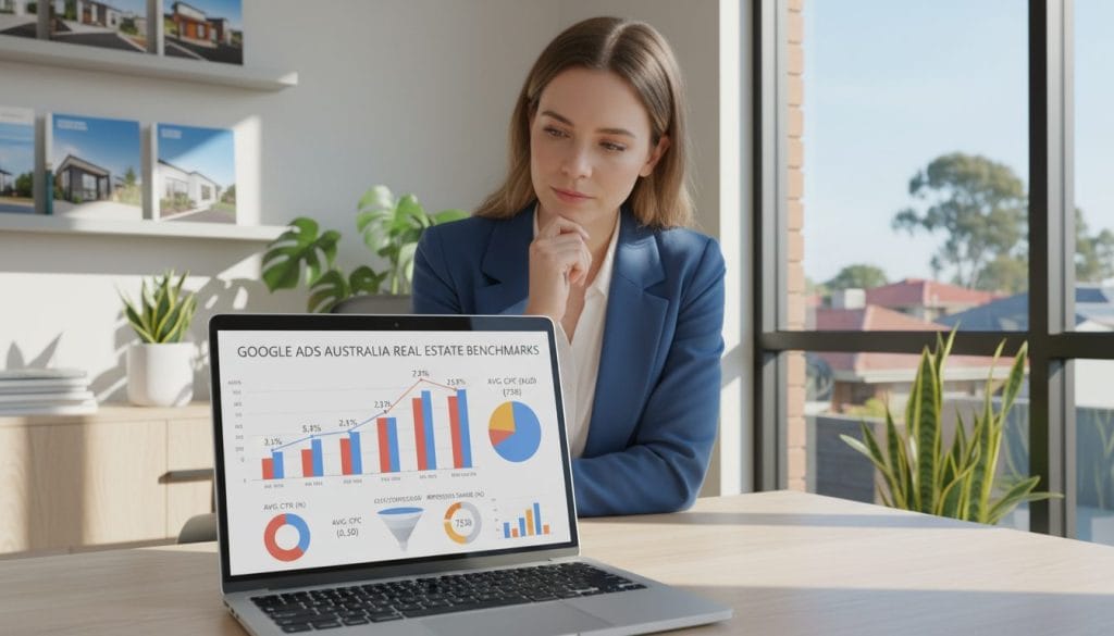 A visually engaging and informative scene depicting "Google Ads benchmarks" relevant to real estate in Australia. In the foreground, a sleek modern laptop displaying a colorful, interactive chart showcasing various Google Ads metrics such as click-through rates and conversion rates, all tailored for Australian real estate. The middle ground features a professional real estate agent, dressed in business attire, analyzing the data with a focused expression. In the background, a stylish office environment filled with real estate brochures, a large window offering a view of a sunny suburban landscape, and potted plants to add warmth. The lighting is bright and inviting, creating a productive atmosphere. The composition captures a sense of professionalism and insight into digital marketing.