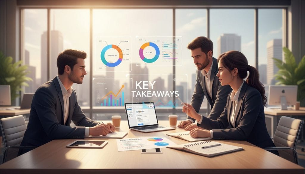 A visually engaging illustration capturing the essence of "Key Takeaways" from Google Ads. In the foreground, a diverse group of three professionals in smart casual attire is gathered around a modern table, analyzing colorful infographics and charts representing ad performance metrics. The middle ground features a sleek laptop displaying Google Ads in action, alongside a notepad filled with strategic notes. In the background, a bright office environment with large windows allowing natural light to stream in, creating an inviting atmosphere. The lighting is warm and dynamic, suggesting a productive brainstorming session. The composition portrays a sense of collaboration and insight, highlighting the importance of data-driven decision-making in advertising.