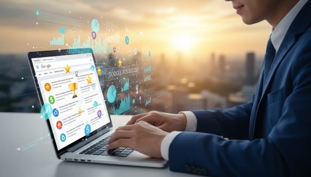 A visually engaging illustration representing "search engine rewards." In the foreground, depict a person in professional business attire, focused on a laptop displaying a search engine results page filled with colorful icons symbolizing rewards like stars, trophies, and dollar signs. In the middle ground, show a vibrant digital landscape with floating graphs and analytics data. The background can feature a soft-focus city skyline with a sunset, casting warm golden light that creates an optimistic atmosphere. Use a close-up angle that highlights the person's expression of achievement and concentration. The overall mood should be uplifting and informative, emphasizing the strategic success from effective Google Ads usage.