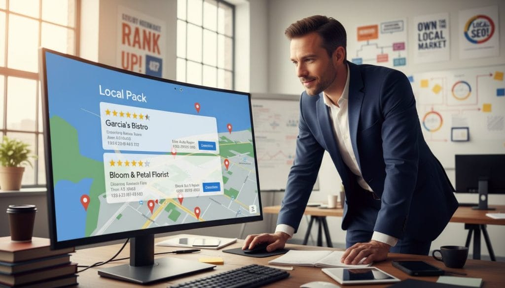 A visually engaging representation of Google Maps ranking focused on the local pack feature. In the foreground, display a large computer screen showcasing a vibrant Google Maps interface with highlighted local business listings, displaying their ratings and addresses. In the middle ground, a professional individual in business attire, intently analyzing the screen with a slight smile, suggesting satisfaction and insight. The background features a creative office space filled with digital marketing tools, charts, and vibrant motivational posters. Soft, natural lighting illuminates the scene, reflecting a productive atmosphere. Use a shallow depth of field to emphasize the screen, giving a sense of clearness on the subject of local SEO. The overall mood should be optimistic and professional, conveying the exciting potential of mastering Google Maps rankings.