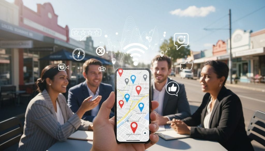 A visually engaging representation of "local search signals" focusing on small businesses in Australia. In the foreground, a sleek smartphone displays a map with marked local business pins, integrated with glowing signal waves emanating outward. In the middle, a diverse group of professionals in business attire, including men and women of various ethnicities, discuss strategies, surrounded by digital icons representing reviews, location data, and social media engagement. The background features a suburban Australian street with shops and cafes, under bright daylight. The atmosphere is collaborative and optimistic, emphasizing the potential of local SEO. Illuminate the scene with soft natural light, highlighting the smartphone and the interactions among the professionals. Use a wide-angle lens to capture the depth of the setting while keeping the focus on the foreground elements.