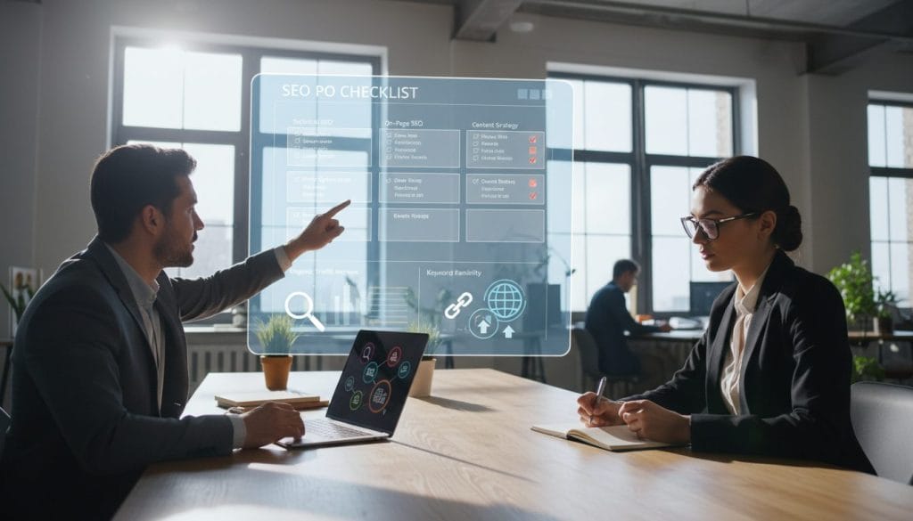 A visually engaging workspace scene depicting a diverse group of three professionals in business attire, intently reviewing an SEO checklist on a large digital screen. In the foreground, a woman with glasses and a notebook jots down notes, while a man points at key metrics on the screen. In the middle ground, a laptop displays colorful graphics illustrating search engine elements like keywords and backlinks. The background features an open office setting with large windows allowing natural light to stream in, creating a bright and productive atmosphere. The lens captures a wide-angle view to emphasize teamwork and collaboration. The overall mood is focused and energetic, reflecting the importance of SEO in small business success.