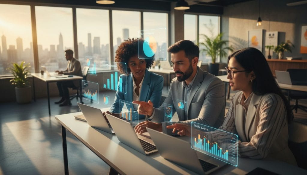 A visually striking composition illustrating the concept of "visibility users" in a modern digital marketing context. In the foreground, a diverse group of three professionals, a Black woman, a Hispanic man, and a South Asian woman, are collaboratively analyzing data on sleek laptops and tablets, all dressed in smart business attire. In the middle, colorful charts and graphs float around them, symbolizing SEO and Google Ads metrics. The background features a vibrant office environment with large windows letting in warm, natural light, casting soft shadows. The atmosphere is dynamic and engaging, highlighting collaboration and innovation in digital marketing strategies. The angle should be slightly tilted for a more energetic perspective.