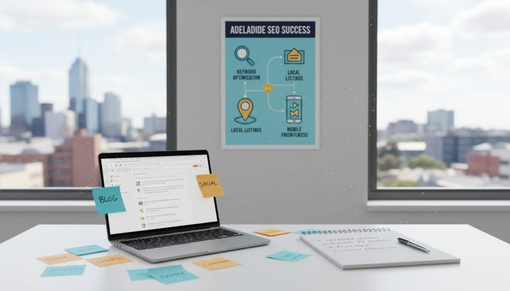 A visually striking composition showcasing essential key takeaways for SEO displayed in an office setting. In the foreground, a sleek, modern desk with an open laptop, colorful sticky notes, and a notepad filled with bullet points about SEO strategies. In the middle, a vibrant infographic poster on the wall, illustrating important SEO elements like keyword optimization, local listings, and mobile friendliness. The background includes a large window with natural light streaming in, creating a warm and inviting atmosphere. Use a depth of field to softly blur the background, focusing on the desk and infographic. The mood is professional yet approachable, aimed at inspiring local business owners in Adelaide.
