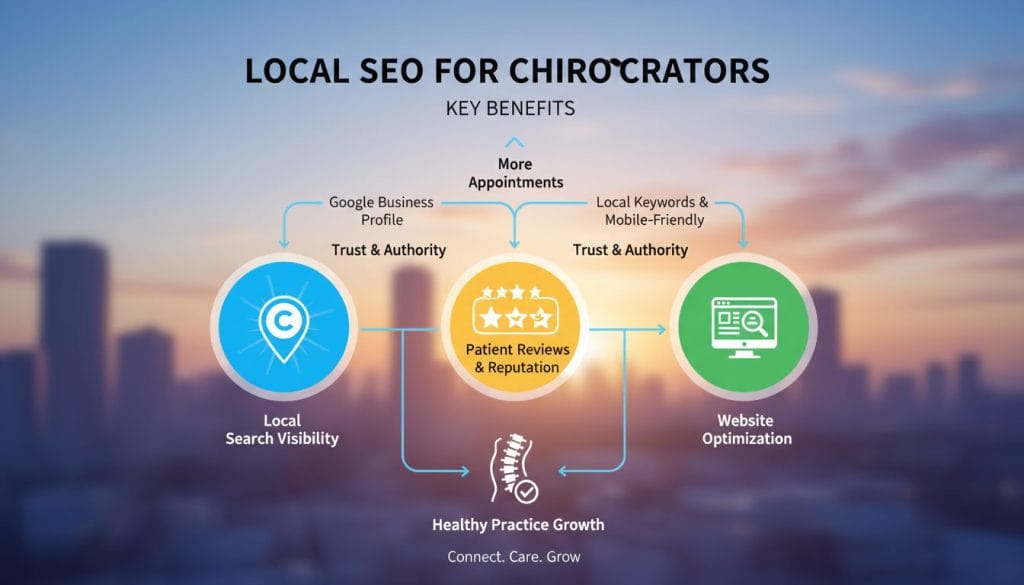 A visually striking infographic-style illustration representing the key takeaways of local SEO for chiropractors. In the foreground, include distinct icons symbolizing local SEO elements such as Google Maps, customer reviews, and website optimization; these icons should be designed with clear, vibrant colors. The middle ground features a simplified, flow-chart layout connecting these icons, showcasing the relationships and steps involved in local SEO strategies. In the background, a faint city skyline can be seen, hinting at the local aspect, with warm, inviting lighting creating a professional atmosphere. The overall mood is informative and engaging, designed to capture the essence of effective local SEO for chiropractors, with a clean and modern aesthetic.