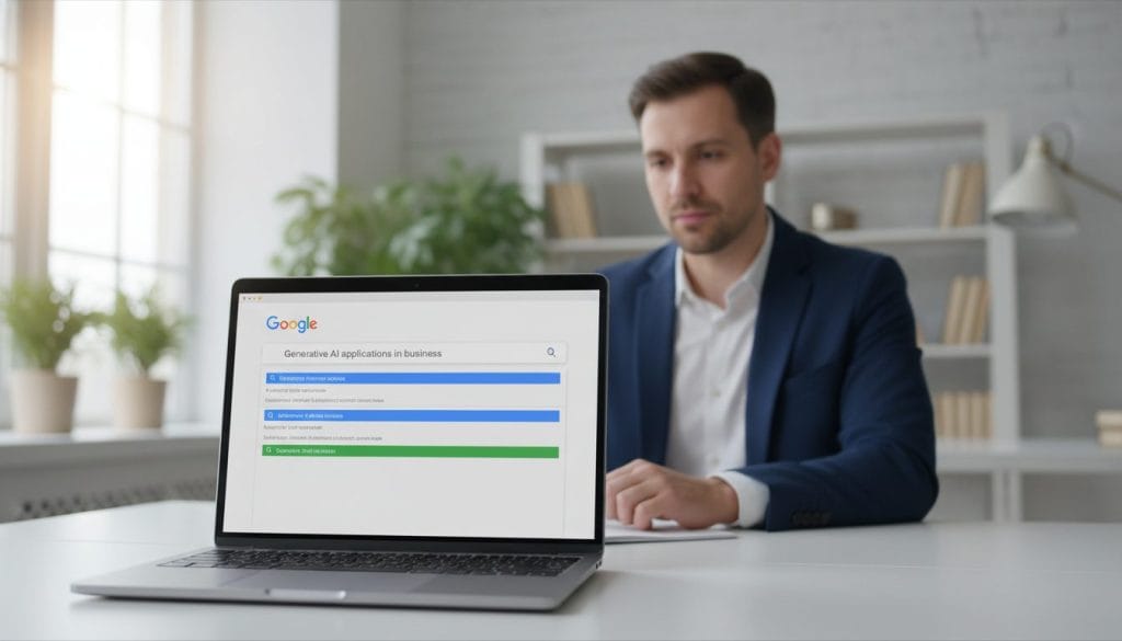 A vivid depiction of the Google search interface displayed on a modern laptop screen in a bright and airy office environment. In the foreground, the laptop is open with a clean, user-friendly layout of the Google search bar prominently visible, showing a query related to AI. In the middle ground, a professional individual, dressed in smart business attire, is thoughtfully engaged in using the laptop, their face reflecting curiosity and intent. The background features a softly blurred office space with natural light streaming in through large windows, creating a warm, inviting atmosphere. The overall mood is one of innovation and professionalism, capturing the essence of how AI is revolutionizing search experiences. The image is well-lit with a slight focus on the laptop screen to enhance the details of the Google interface.