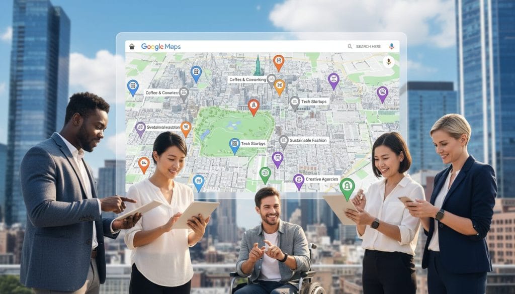 A vivid digital representation of a Google Maps interface zoomed in on a bustling urban area, showcasing various business locations marked with colorful pins. In the foreground, a stylized map view with clearly defined streets, green park areas, and identifiable landmarks. In the middle ground, diverse professional individuals in smart business attire interacting with their devices, analyzing the map. The background features modern skyscrapers and a clear blue sky, enhancing the city vibe. Soft, natural daylight illuminates the scene, creating a bright and inviting atmosphere, with a slight depth of field effect to emphasize the map interface. The image should evoke a sense of productivity and connectivity in a digital world.