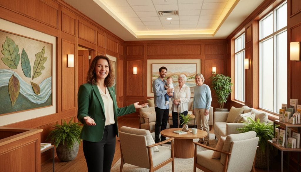 A welcoming naturopathic clinic reception area, featuring warm wood tones and soft ambient lighting. In the foreground, a friendly female naturopath, dressed in professional business attire, is engaging with a diverse group of smiling patients, showcasing a sense of trust and approachability. In the middle ground, there are comfortable seating areas adorned with plants and health-related brochures, emphasizing a serene atmosphere. The background includes a calming wall with nature-inspired artwork, and large windows allowing natural light to flood the space. The overall mood is positive and inviting, conveying a strong sense of community and professional care. A wide-angle lens perspective brings everything together, highlighting the connection between the practitioner and patients.
