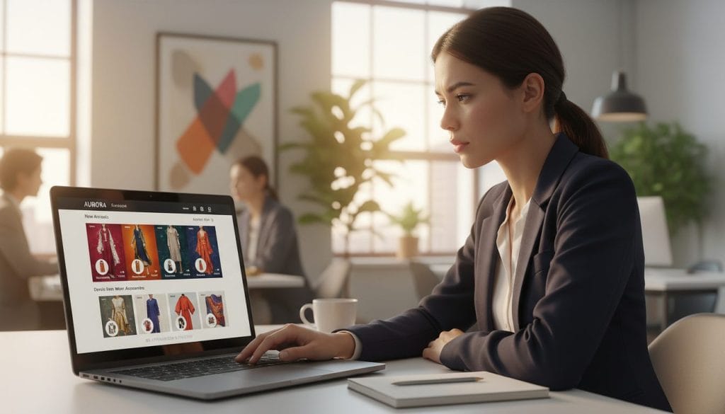 A well-designed collection page displayed on a sleek laptop, positioned prominently in the foreground. The page features vibrant product images, organized categories with attractive thumbnails, and user-friendly navigation options. In the middle ground, an office setting shows a professional wearing business attire, intently analyzing the collection page on the laptop, suggesting a focus on e-commerce strategy. The background includes soft-focus elements like a modern office space with minimalistic decor, soft lighting emphasizing the sleek design of the laptop and products. The atmosphere is one of productivity and creativity, conveying a sense of opportunity and engagement with SEO improvements. The lighting is warm and inviting, creating an optimistic mood.
