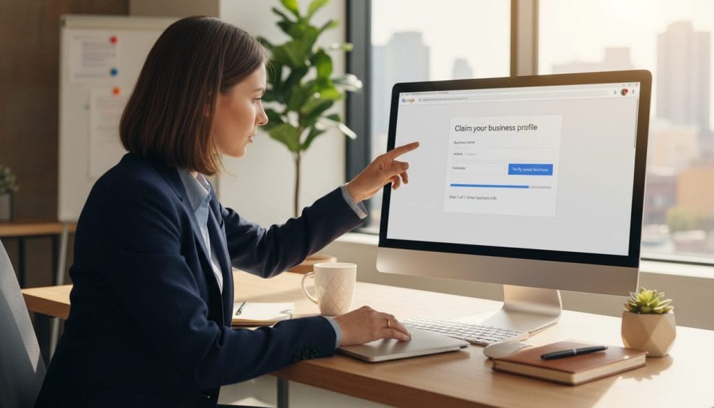 A well-organized office setting with a computer screen prominently displaying a Google Business Profile dashboard. In the foreground, a professional individual in business attire focuses on the screen, showcasing the process of claiming and verifying their business listing. The middle ground features various elements symbolizing professionalism, like a notepad, a coffee mug, and office plants. In the background, large windows let in natural light, illuminating the space and creating a bright, motivating atmosphere. The image should emphasize a sense of productivity and professionalism, with clear details on the dashboard to highlight its functionality. The perspective should be slightly angled to offer depth, and the overall mood should be inspiring and focused, reflecting the important first step in optimizing a business's online presence. A well-organized office setting with a computer screen prominently displaying a Google Business Profile dashboard. In the foreground, a professional individual in business attire focuses on the screen, showcasing the process of claiming and verifying their business listing. The middle ground features various elements symbolizing professionalism, like a notepad, a coffee mug, and office plants. In the background, large windows let in natural light, illuminating the space and creating a bright, motivating atmosphere. The image should emphasize a sense of productivity and professionalism, with clear details on the dashboard to highlight its functionality. The perspective should be slightly angled to offer depth, and the overall mood should be inspiring and focused, reflecting the important first step in optimizing a business's online presence.