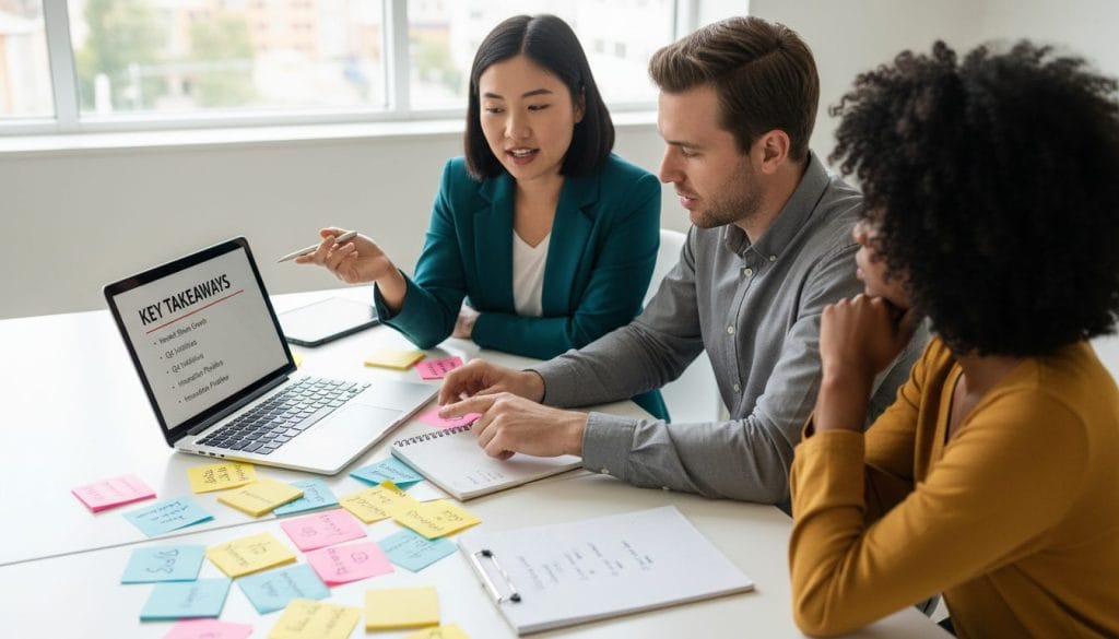 A well-organized workspace featuring a modern desk with a laptop open to a digital presentation displaying key takeaways. In the foreground, a diverse group of three professionals in business casual attire are actively discussing strategies, gesturing toward the screen. One is an Asian woman, another a Caucasian man, and the third a Black woman, all appearing engaged and collaborative. In the middle, colorful sticky notes and a notepad with bullet points are scattered around, emphasizing actionable insights. The background includes a large window letting in natural light, creating a bright and positive ambiance. The scene conveys a proactive and motivational atmosphere, ideal for professionals looking to enhance their skills. The image is captured from a slightly elevated angle, showcasing the dynamics of teamwork and focus.
