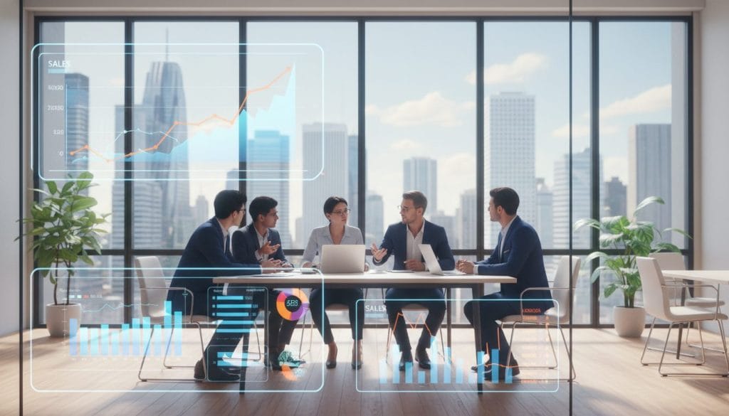 A well-organized workspace with charts and graphs illustrating sales performance trends in the foreground, depicting digital marketing metrics with bright colors and clear data points. In the middle, a diverse group of professionals in business attire discussing strategies, pointing at the graphs, their expressions focused and collaborative. The background features a large window with natural light pouring in, showcasing a city skyline, creating a dynamic and optimistic atmosphere. The scene is brightly lit with a modern office design, emphasizing productivity and teamwork. Capture the moment from an eye-level angle to create a sense of involvement and connection, evoking a mood of urgency and efficiency in the digital marketing environment.
