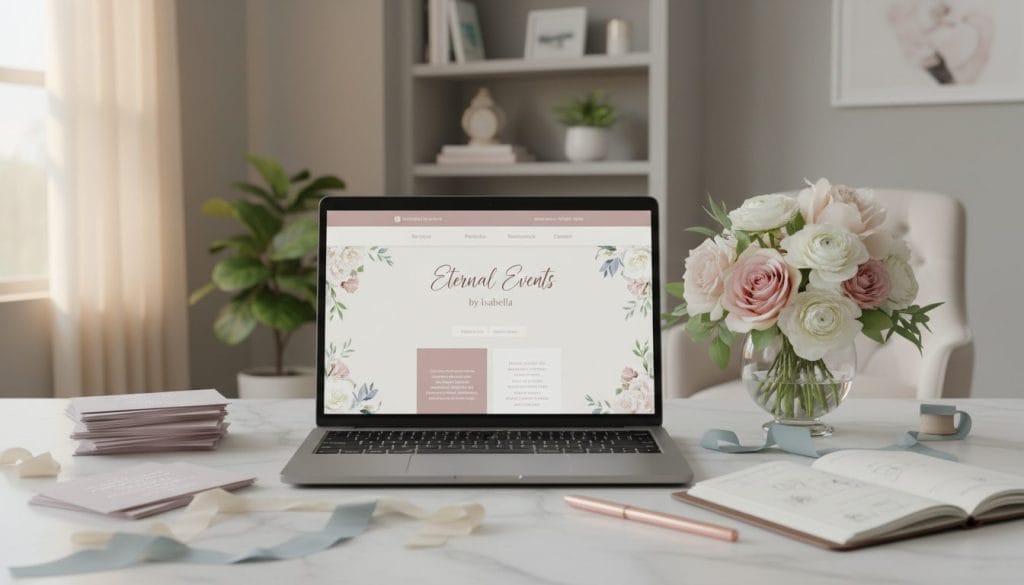 An elegant website layout displayed on a laptop screen, positioned prominently in the foreground. The screen showcases a clean, modern design with a stylish color palette featuring soft pastels and floral accents. In the middle ground, a beautiful wedding planner’s workspace is depicted, with neatly arranged stationery, a bouquet of flowers, and a notepad filled with creative ideas. The background reveals a soft-focus view of a tasteful home office, with warm ambient lighting and tasteful decorations that suggest a professional yet inviting atmosphere. The scene captures the essence of modern digital marketing for wedding planners, evoking a sense of inspiration and efficiency, perfect for a quick, productive session.