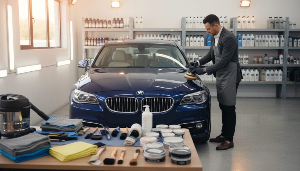 An organized workspace dedicated to car detailing, showcasing essential tools like microfiber cloths, brushes, a vacuum, and wax products neatly arranged on a table in the foreground. In the middle, a shining car is being carefully polished, highlighting its reflective surface, emphasizing the attention to detail. The background features a well-lit garage with shelves stacked with detailing products, emphasizing professionalism. Soft, warm lighting creates an inviting atmosphere, while natural light filters in through a window, casting gentle highlights on the surfaces. The focus is on the meticulous process, capturing the dedication of a detailer in smart business attire, conveying trust and professionalism.